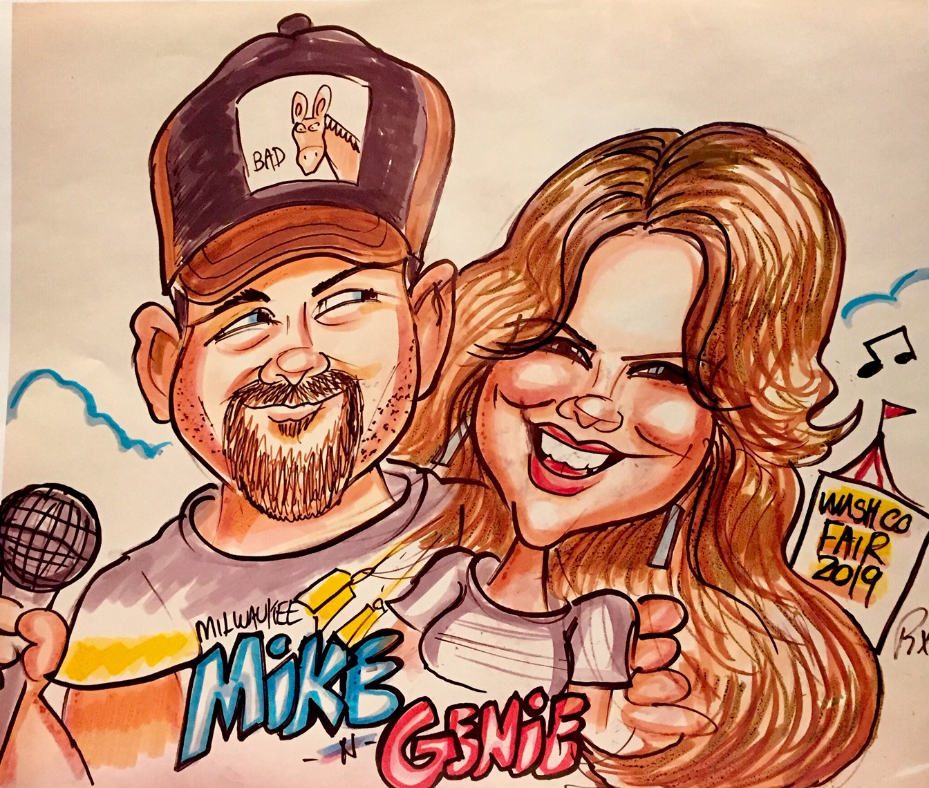 Caricature of a couple drawn at 2019 Washington County Fair